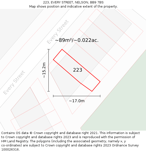 223, EVERY STREET, NELSON, BB9 7BS: Plot and title map