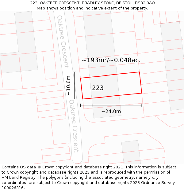 223, OAKTREE CRESCENT, BRADLEY STOKE, BRISTOL, BS32 9AQ: Plot and title map