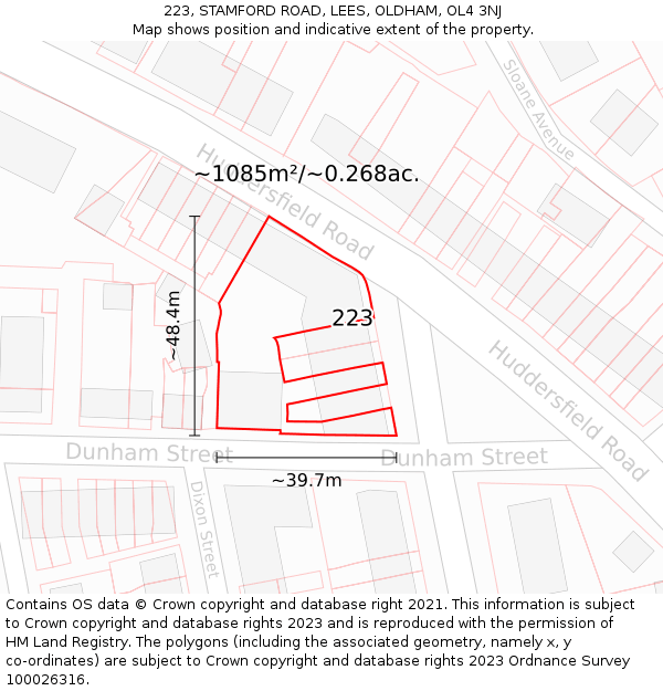 223, STAMFORD ROAD, LEES, OLDHAM, OL4 3NJ: Plot and title map
