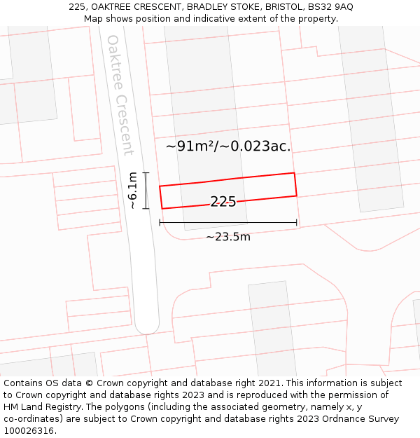 225, OAKTREE CRESCENT, BRADLEY STOKE, BRISTOL, BS32 9AQ: Plot and title map