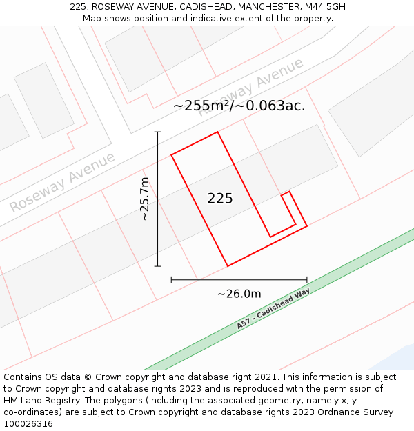 225, ROSEWAY AVENUE, CADISHEAD, MANCHESTER, M44 5GH: Plot and title map