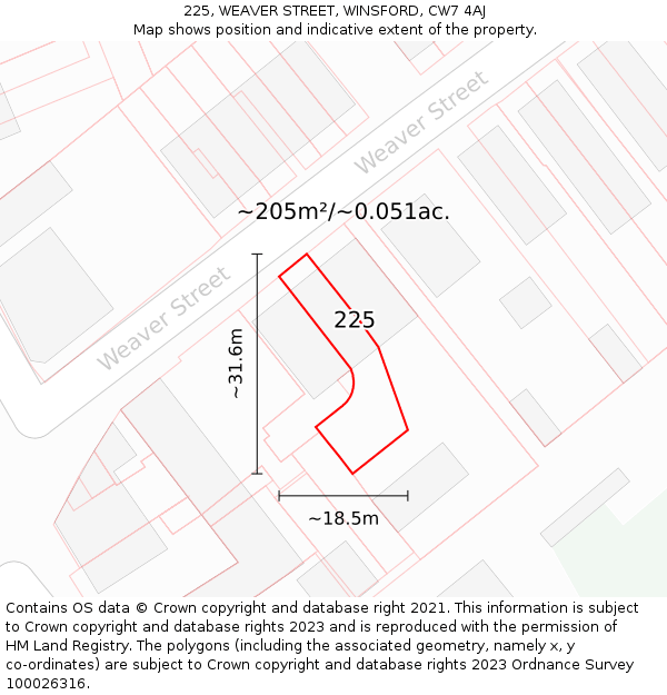 225, WEAVER STREET, WINSFORD, CW7 4AJ: Plot and title map
