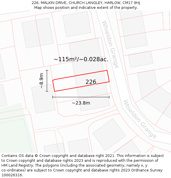 226, MALKIN DRIVE, CHURCH LANGLEY, HARLOW, CM17 9HJ: Plot and title map