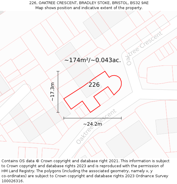 226, OAKTREE CRESCENT, BRADLEY STOKE, BRISTOL, BS32 9AE: Plot and title map