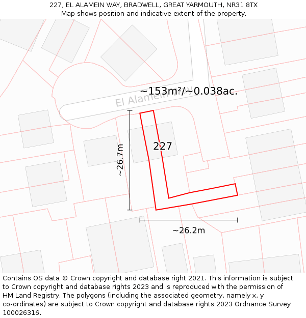 227, EL ALAMEIN WAY, BRADWELL, GREAT YARMOUTH, NR31 8TX: Plot and title map