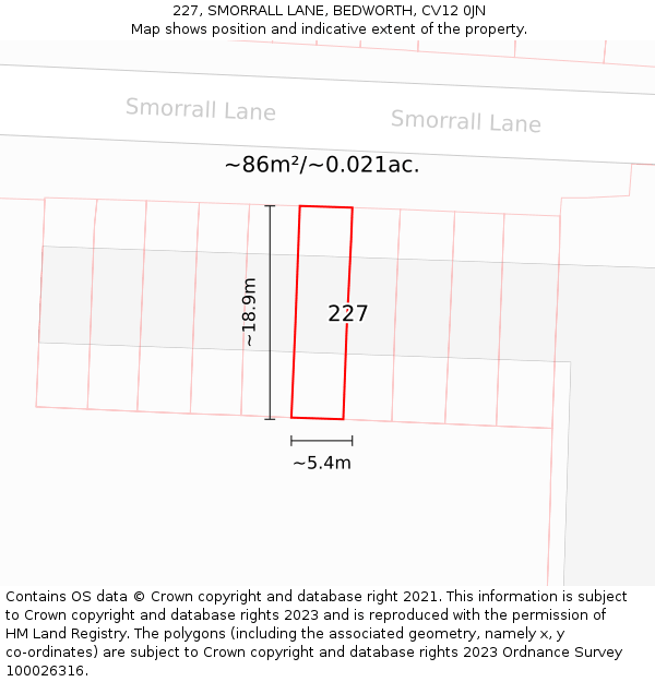 227, SMORRALL LANE, BEDWORTH, CV12 0JN: Plot and title map