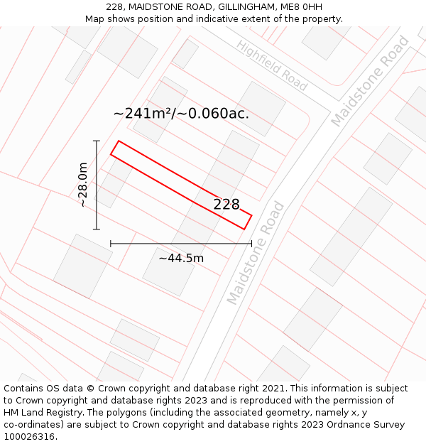 228, MAIDSTONE ROAD, GILLINGHAM, ME8 0HH: Plot and title map