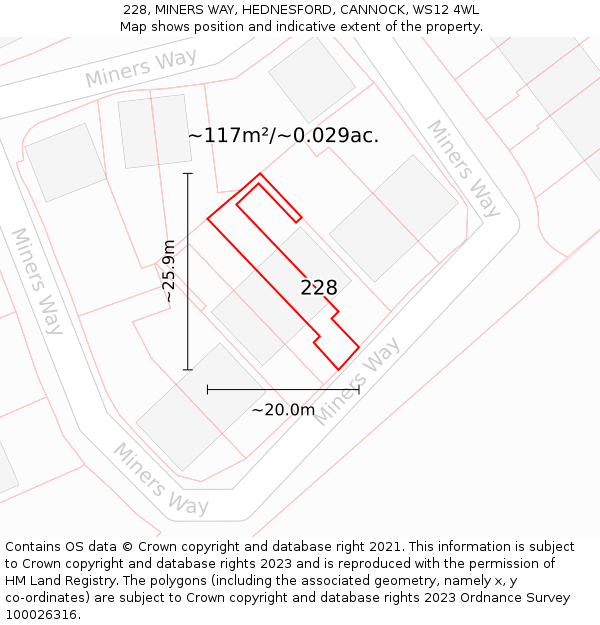 228, MINERS WAY, HEDNESFORD, CANNOCK, WS12 4WL: Plot and title map