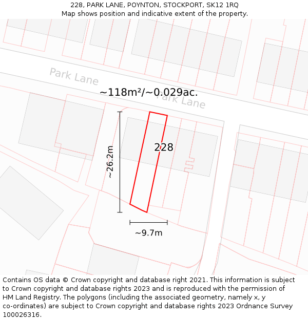 228, PARK LANE, POYNTON, STOCKPORT, SK12 1RQ: Plot and title map