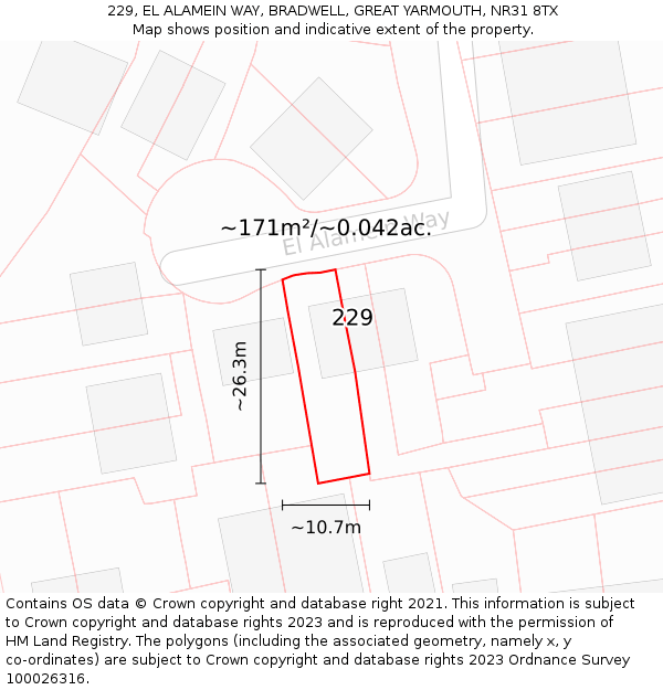 229, EL ALAMEIN WAY, BRADWELL, GREAT YARMOUTH, NR31 8TX: Plot and title map