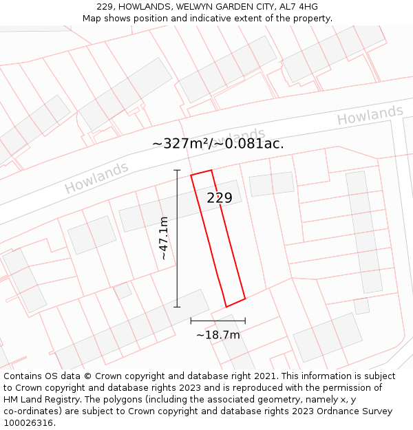 229, HOWLANDS, WELWYN GARDEN CITY, AL7 4HG: Plot and title map