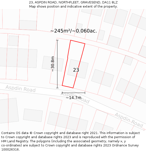23, ASPDIN ROAD, NORTHFLEET, GRAVESEND, DA11 8LZ: Plot and title map