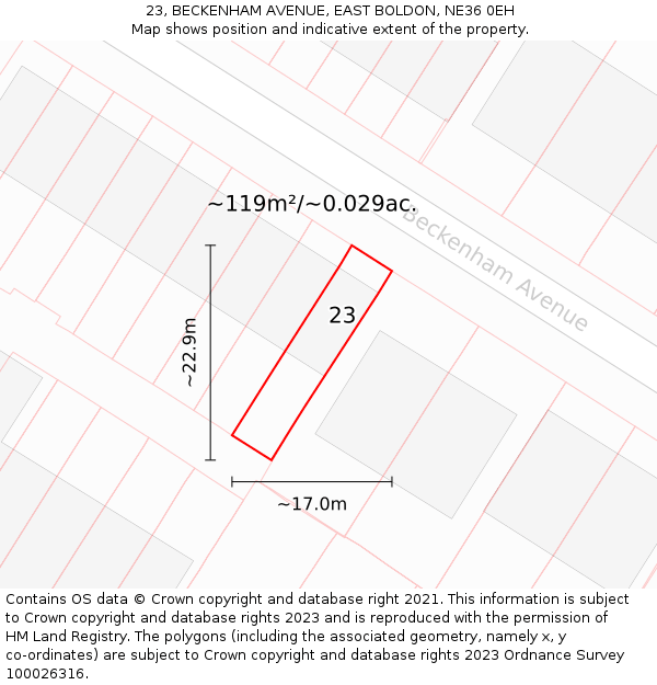 23, BECKENHAM AVENUE, EAST BOLDON, NE36 0EH: Plot and title map