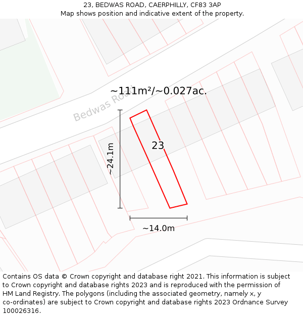 23, BEDWAS ROAD, CAERPHILLY, CF83 3AP: Plot and title map
