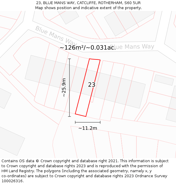 23, BLUE MANS WAY, CATCLIFFE, ROTHERHAM, S60 5UR: Plot and title map