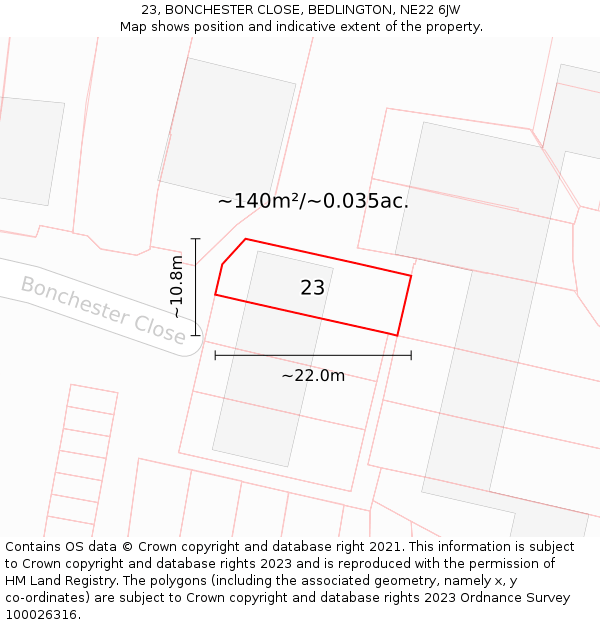 23, BONCHESTER CLOSE, BEDLINGTON, NE22 6JW: Plot and title map