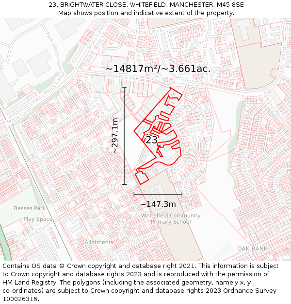 23, BRIGHTWATER CLOSE, WHITEFIELD, MANCHESTER, M45 8SE: Plot and title map