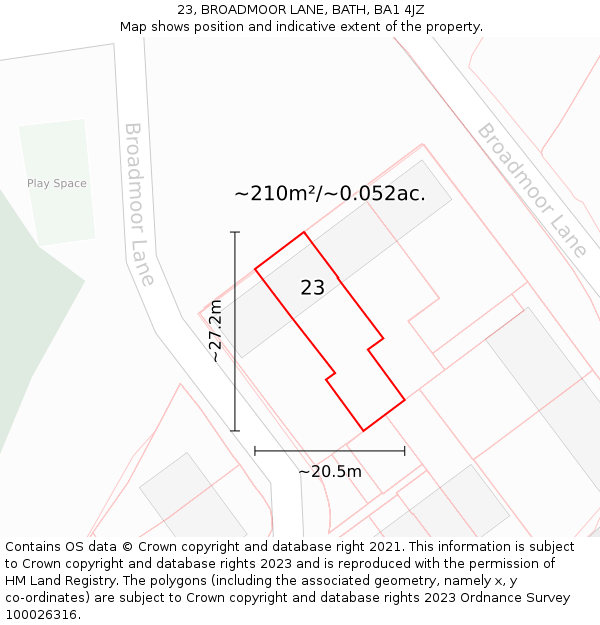 23, BROADMOOR LANE, BATH, BA1 4JZ: Plot and title map
