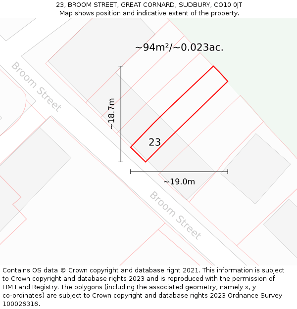 23, BROOM STREET, GREAT CORNARD, SUDBURY, CO10 0JT: Plot and title map