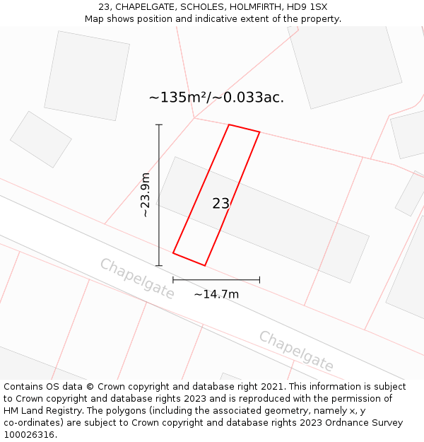23, CHAPELGATE, SCHOLES, HOLMFIRTH, HD9 1SX: Plot and title map