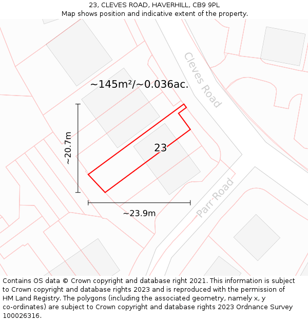 23, CLEVES ROAD, HAVERHILL, CB9 9PL: Plot and title map