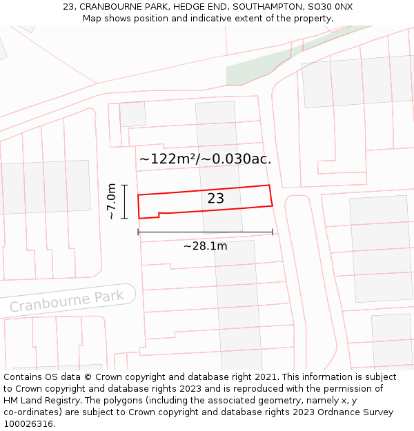 23, CRANBOURNE PARK, HEDGE END, SOUTHAMPTON, SO30 0NX: Plot and title map
