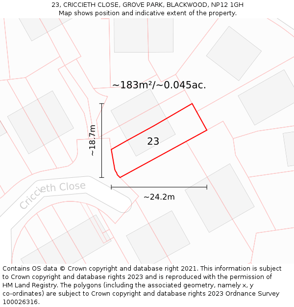 23, CRICCIETH CLOSE, GROVE PARK, BLACKWOOD, NP12 1GH: Plot and title map