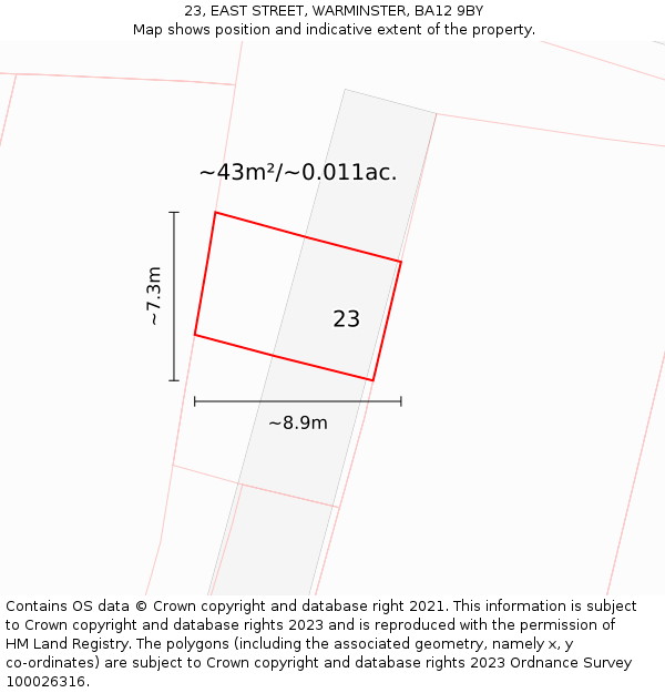 23, EAST STREET, WARMINSTER, BA12 9BY: Plot and title map