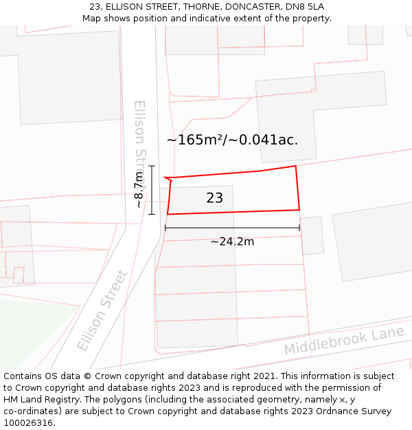 23, ELLISON STREET, THORNE, DONCASTER, DN8 5LA: Plot and title map