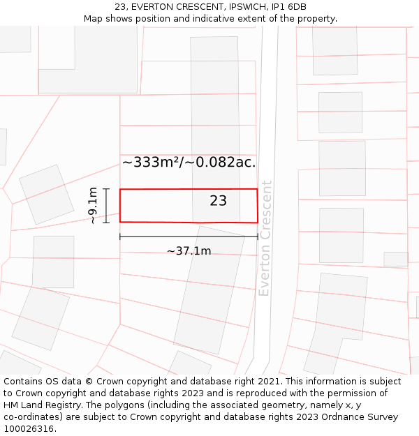 23, EVERTON CRESCENT, IPSWICH, IP1 6DB: Plot and title map