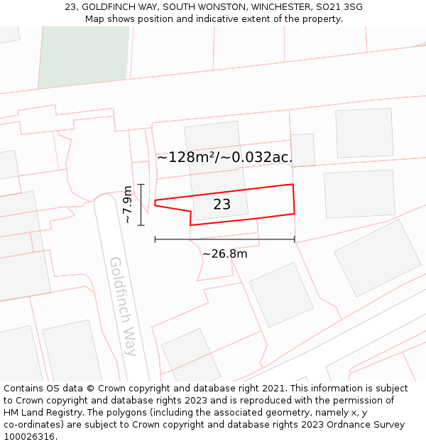 23, GOLDFINCH WAY, SOUTH WONSTON, WINCHESTER, SO21 3SG: Plot and title map