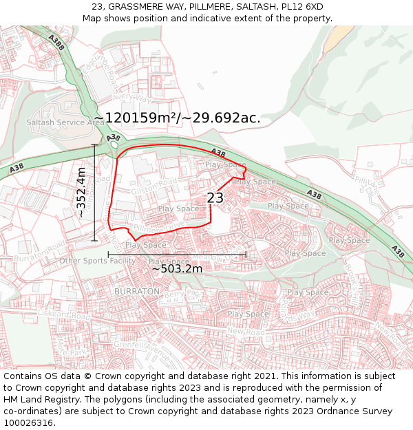23, GRASSMERE WAY, PILLMERE, SALTASH, PL12 6XD: Plot and title map