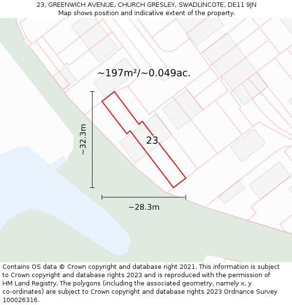 23, GREENWICH AVENUE, CHURCH GRESLEY, SWADLINCOTE, DE11 9JN: Plot and title map