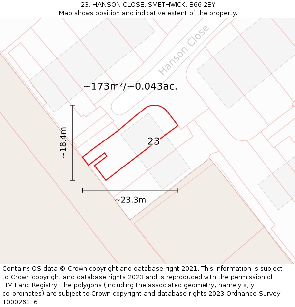 23, HANSON CLOSE, SMETHWICK, B66 2BY: Plot and title map