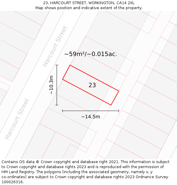 23, HARCOURT STREET, WORKINGTON, CA14 2XL: Plot and title map