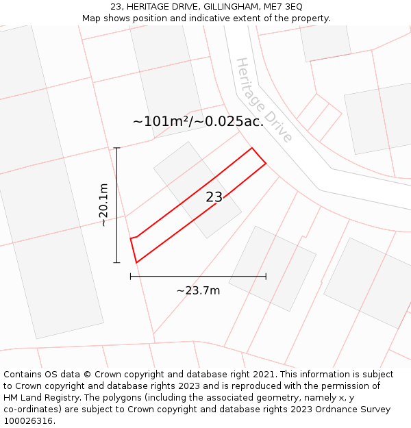 23, HERITAGE DRIVE, GILLINGHAM, ME7 3EQ: Plot and title map