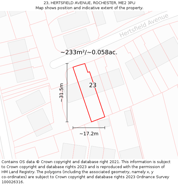 23, HERTSFIELD AVENUE, ROCHESTER, ME2 3PU: Plot and title map