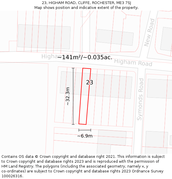 23, HIGHAM ROAD, CLIFFE, ROCHESTER, ME3 7SJ: Plot and title map
