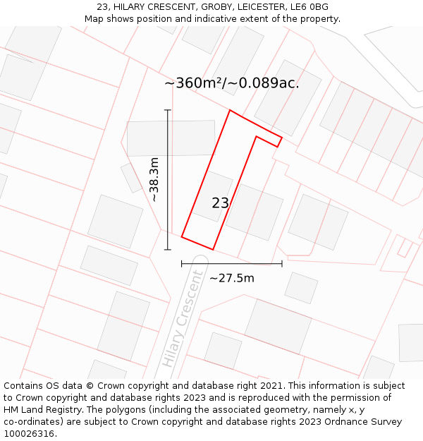 23, HILARY CRESCENT, GROBY, LEICESTER, LE6 0BG: Plot and title map