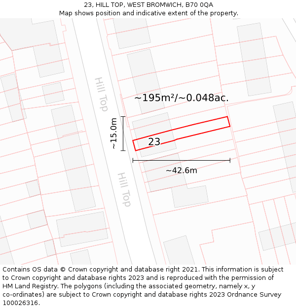 23, HILL TOP, WEST BROMWICH, B70 0QA: Plot and title map