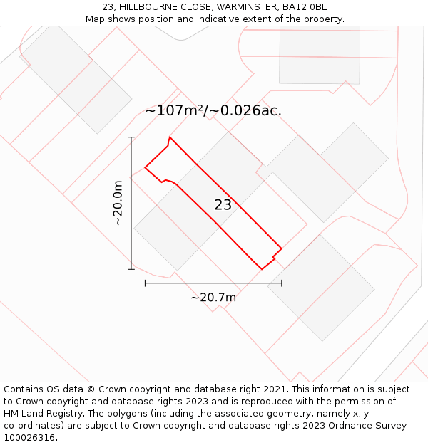 23, HILLBOURNE CLOSE, WARMINSTER, BA12 0BL: Plot and title map