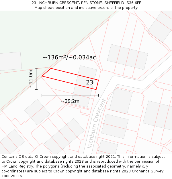 23, INCHBURN CRESCENT, PENISTONE, SHEFFIELD, S36 6FE: Plot and title map