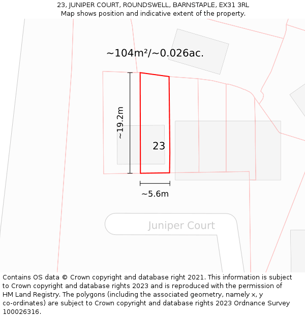23, JUNIPER COURT, ROUNDSWELL, BARNSTAPLE, EX31 3RL: Plot and title map