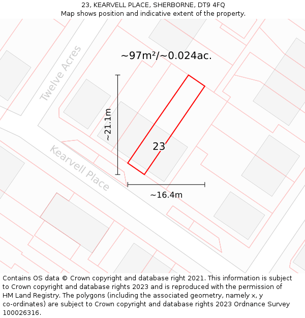 23, KEARVELL PLACE, SHERBORNE, DT9 4FQ: Plot and title map