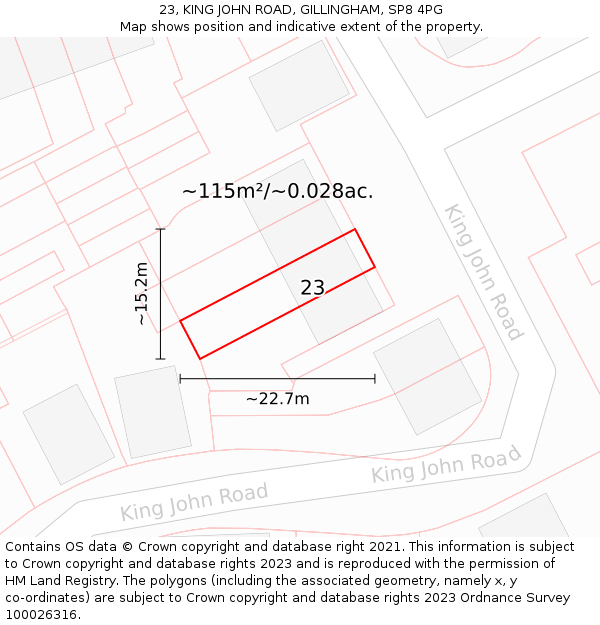 23, KING JOHN ROAD, GILLINGHAM, SP8 4PG: Plot and title map