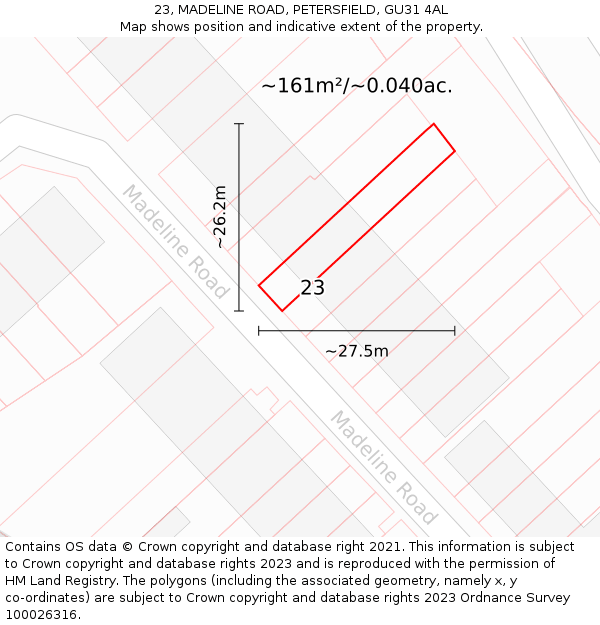 23, MADELINE ROAD, PETERSFIELD, GU31 4AL: Plot and title map