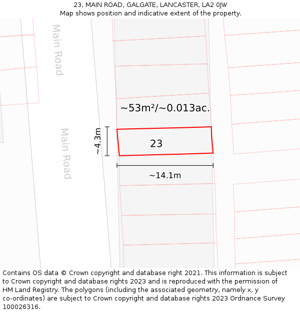 23, MAIN ROAD, GALGATE, LANCASTER, LA2 0JW: Plot and title map