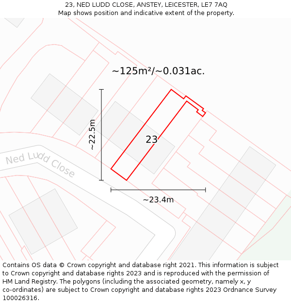 23, NED LUDD CLOSE, ANSTEY, LEICESTER, LE7 7AQ: Plot and title map