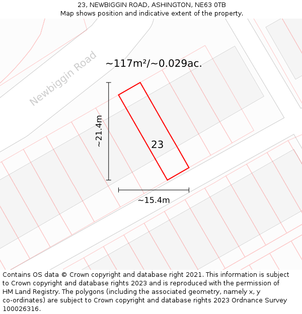 23, NEWBIGGIN ROAD, ASHINGTON, NE63 0TB: Plot and title map