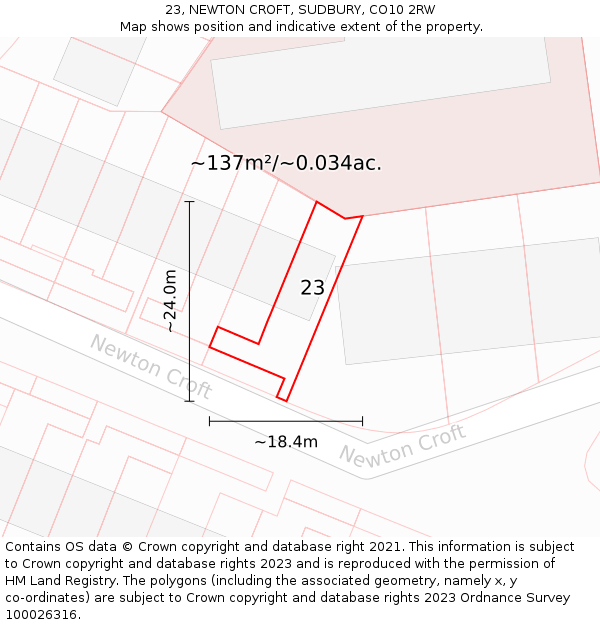 23, NEWTON CROFT, SUDBURY, CO10 2RW: Plot and title map